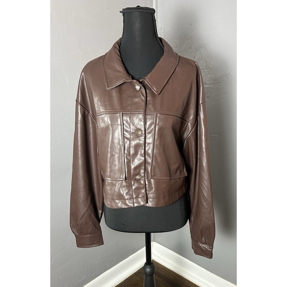 STOOSH women's Chocolate Cropped Faux‎ Leather Light Weight Jacket Size L. Call